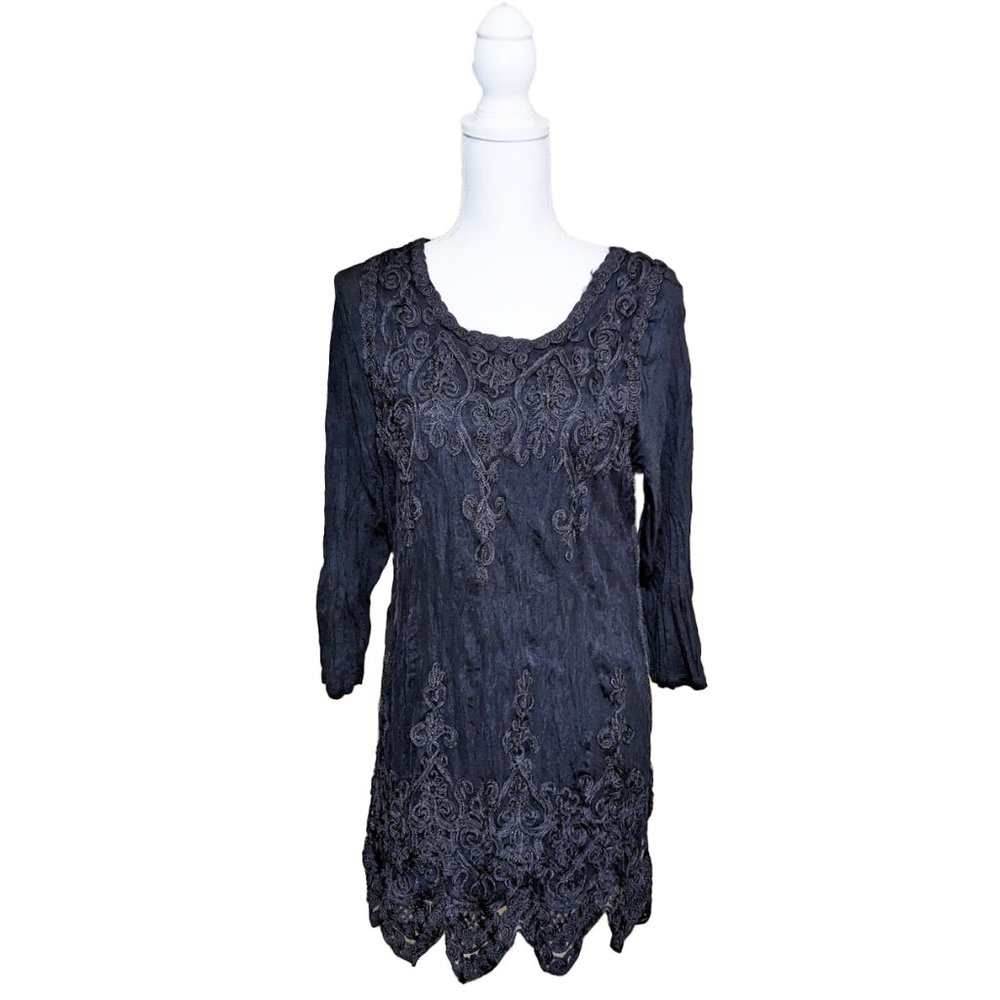 ALBERTO MAKALI Beaded Black Lace Overlay Dress